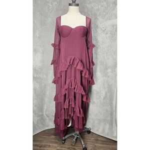 ASOS Burgundy Ruffle Tiered Maxi Dress Sheer Sleeve‎ Square Neck Lace Up Back 4